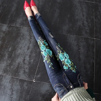 

Fashion Womens Jeans 2018 Fall Winter Embroidery Flower Holes Denim Pants Girls Slim Skinny Cowboy Trousers Ladies Pencil Pants