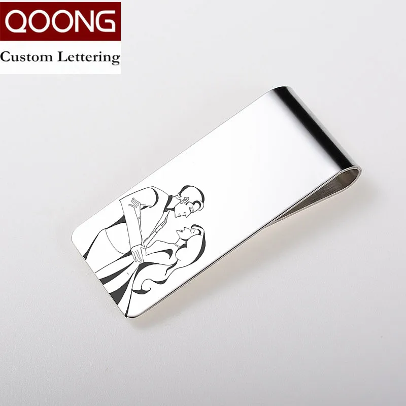 

QOONG Custom Lettering Silver Slim Pocket Cash ID Credit Card Money Clip Wallet Metal Money Holder Men's Steel Bill Clip Clamp