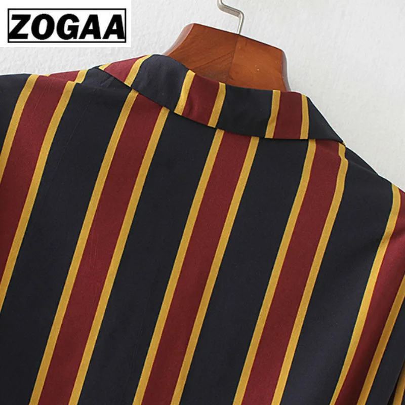 Autumn 2019 Vertical Striped Belt Jacket Women's Suit Jacket Spring Clothes Women Casual Notched Fashion Ladies Tops ZOGAA