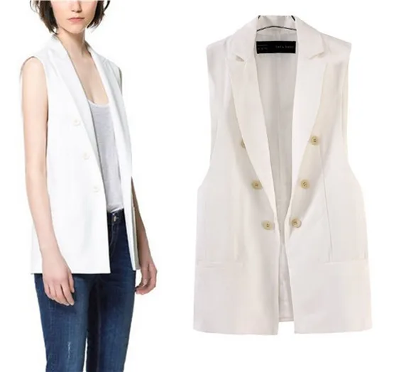 New Fashion Women's White Suit Vest Open Collar Double Breasted Casual