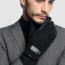 2019 NEW Genuine Leather Gloves Male Autumn Winter Warm Men Black Suede Sheepskin Gloves Wrist Buckle Driving Glove 6829