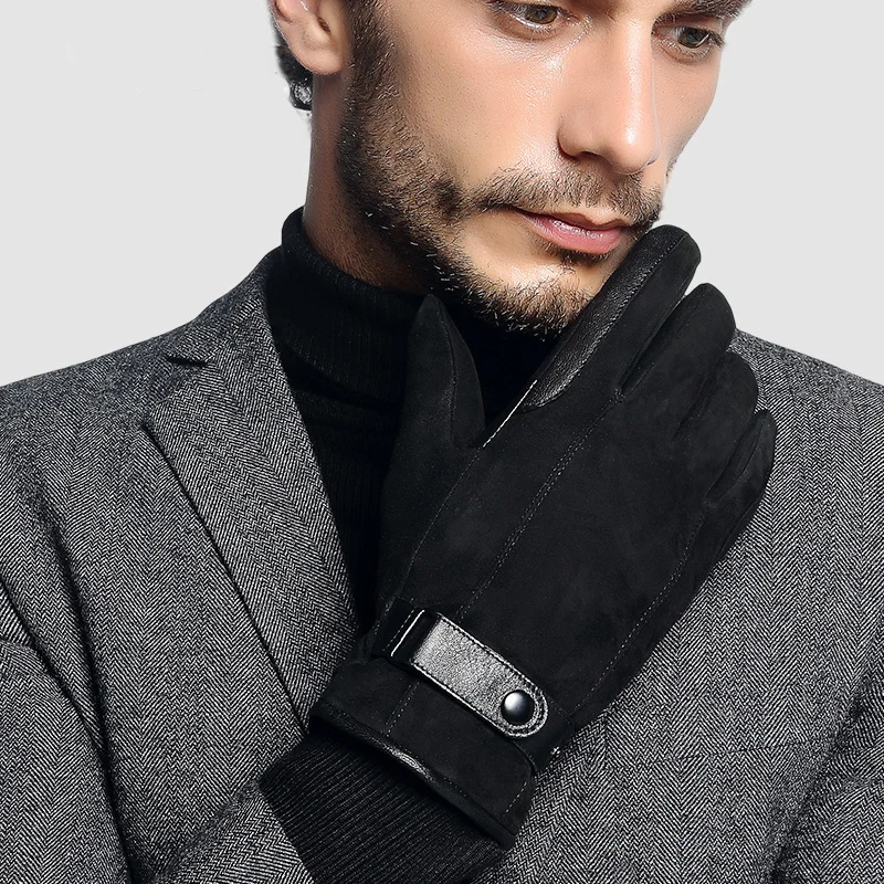 

2020 NEW Genuine Leather Gloves Male Autumn Winter Warm Men Black Suede Sheepskin Gloves Wrist Buckle Driving Glove 6829