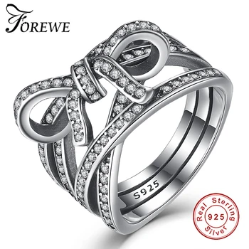 

Forewe Fashion Wedding Engagement Jewelry Authentic 925 Sterling Silver With Crystal CZ Bowknot Ring For Women