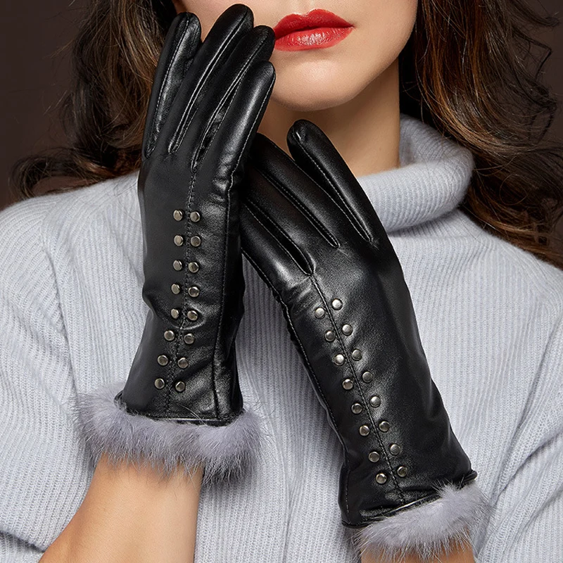 Genuine Leather Gloves Woman's Winter Mink Hair Touchscreen Sheepskin Gloves Plus Velvet Thicken Warm Driving Mittens MLZ035 Genuine Leather Gloves Woman's Winter Mink Hair Touchscreen Sheepskin Gloves Plus Velvet Thicken Warm Driving Mittens MLZ035