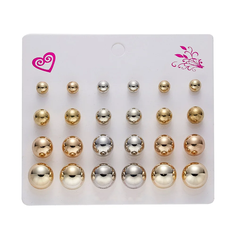 12Pairs/set Zircon Crystal Round Ball Geometry Earring Sets Fashion Shining Rhinestone Gold Stud Earrings Women Jewelry