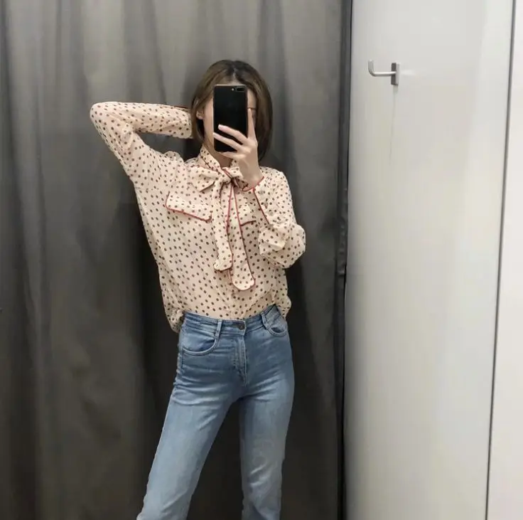 

HCBLESS 2019 summer new fashion wild sweet contrast color edging bow polka dot shirt chiffon shirt