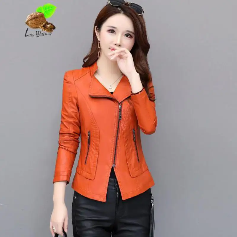 New Women Vintage Short Sheepskin Coat Turn-down Collar Slim Leather Jackets Lady's All-Wild Retro Plus Size Black Green Jacket