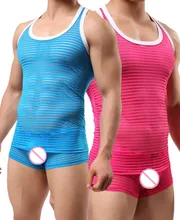 Hot Sale Plus Size Lingerie Men Gauze Transparent Striped Top Tank Shirt Mens Bodysuit Exotic Tanks Spandex Fetish Sleepwear MEN