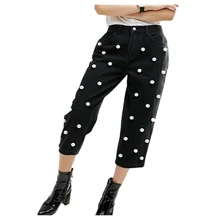 Горячая новинка, модные женские винтажные джинсовые штаны с жемчугом и бусинами, с высокой талией, черные повседневные свободные потертые широкие джинсы