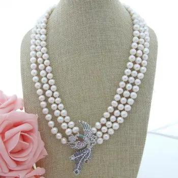 

N063007 3Strands White Pearl Necklace CZ Pendant
