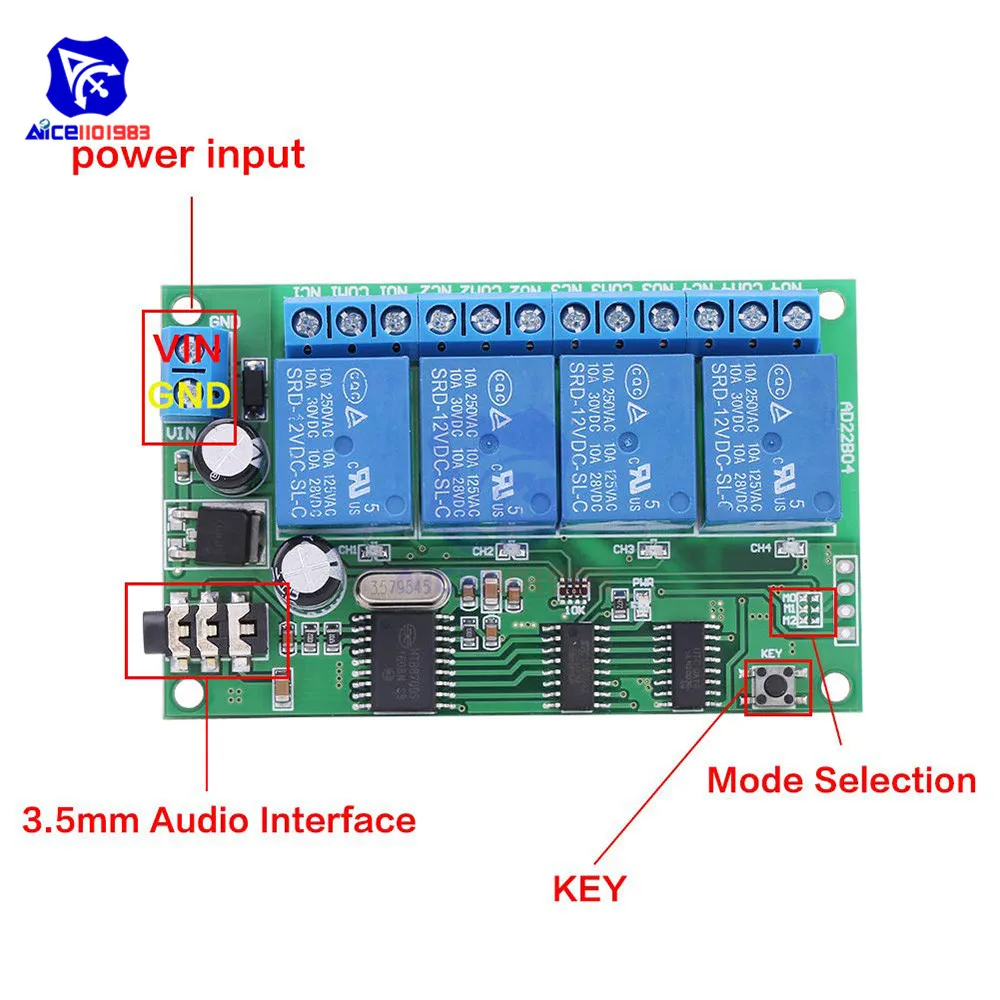 AD22B04 4-Канальный Релейный MT8870 DTMF тон декодер сигналов дистанционного Управление триггерный релейный модуль, работающего на постоянном токе 12 В для PLC умного дома с 3,5 мм кабель