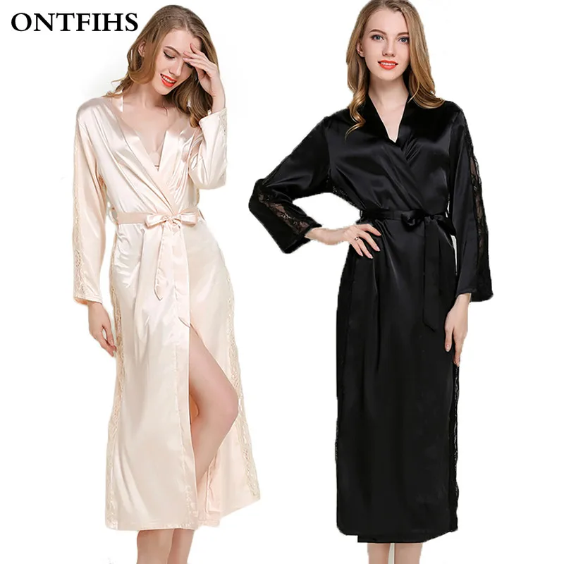 ONTFIHS Silk Satin Sleepwear Robes Womens Long Sleeve Pajamas Nightwear Femme Lounge Pyjama