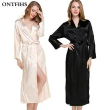 ONTFIHS Silk Satin Sleepwear Robes Womens Long Sleeve Pajamas Nightwear Femme Lounge Pyjama Black Champagne Pink Robe One Size