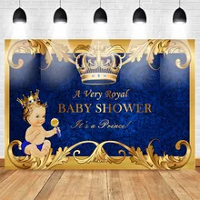 Neoback Baby Shower Backdrop Newborn Royal Prince Party Banner Background Gold Crown Blue Damask Birthday Photo Studio