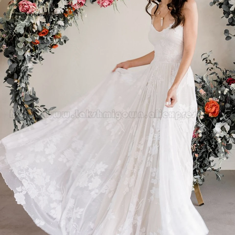 Hot Sale Lakshmigown Vintage Lace Wedding Dress Beach 2019 New Bridal Gowns Spaghetti Straps Vestido Novia Manga Larga Wedding Boho May 2020
