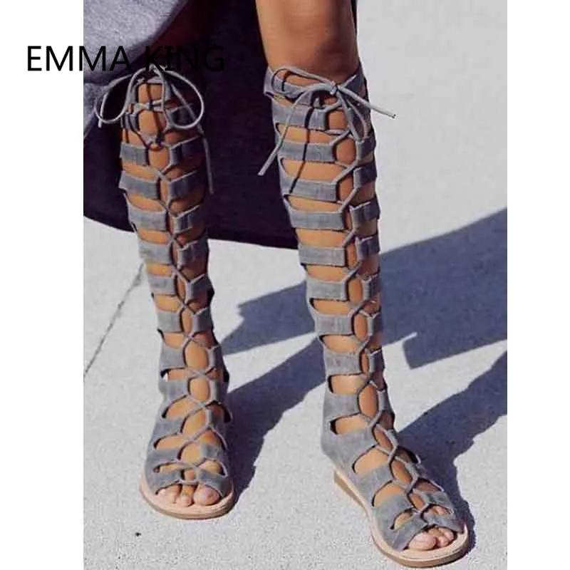 

Fashion Grey Suede Women Gladiator Flat Sandals Open Toe Cross-Tied Ladies Slingbacks Shoes Woman Hollow Summer Knee High Boots