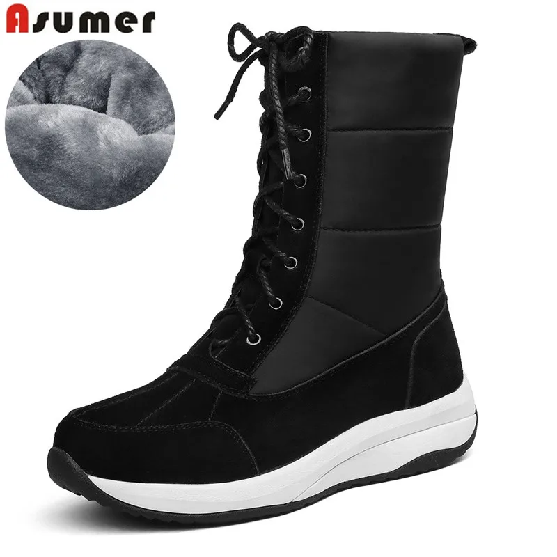 

ASUMER 2020 suede leather snow boots for women lace up ladies shoes fur keep warm Down winter boots women platform ankle boots