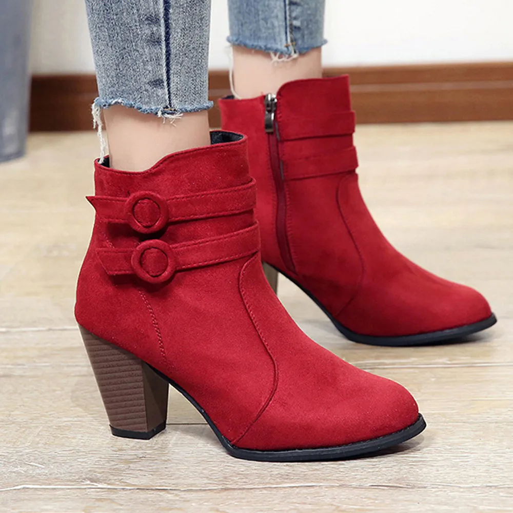 Autumn winter ankle boots for women flock leather high heels short ...