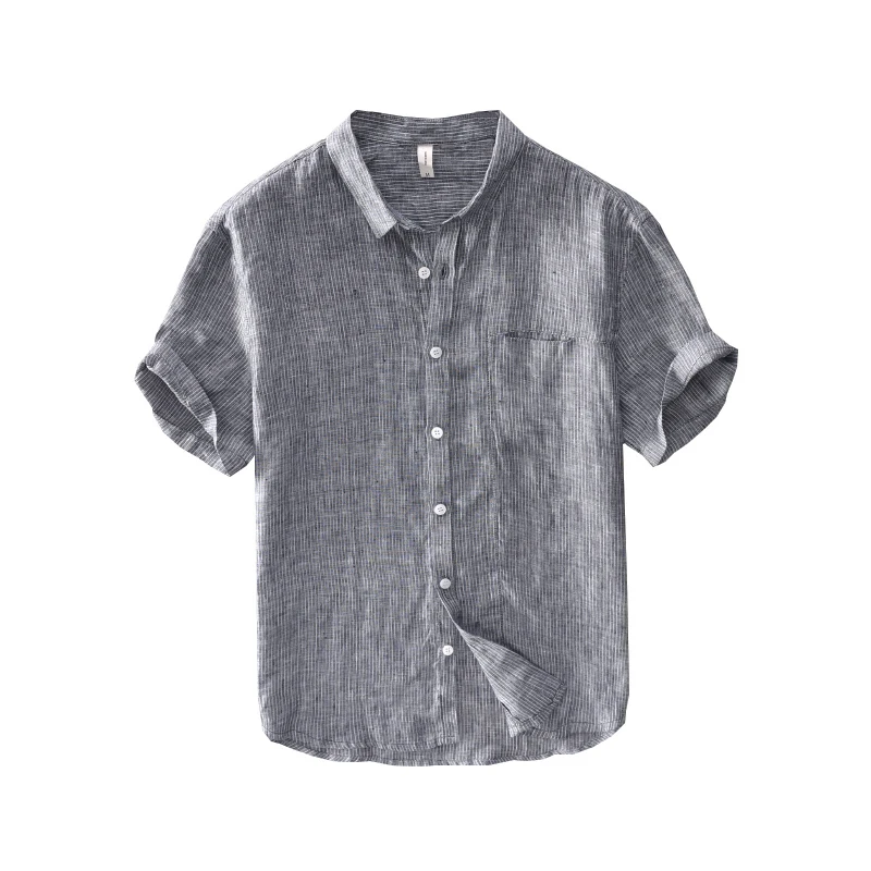

Summer Fashion Men Shirts Lapel Collar Vintage Designer Casual Stripe Shirts Short Sleeve Gray Color Linen Shirt Tee Dress