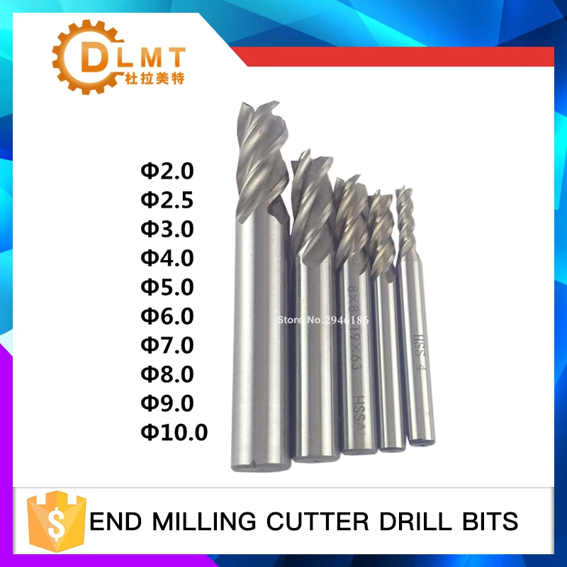 

10PCS HSS 2 2.5 3 4 5 6 7 8 9 10mm Milling Cutter CNC Straight Shank 4 Flute End Mill Cutter Drill Bit
