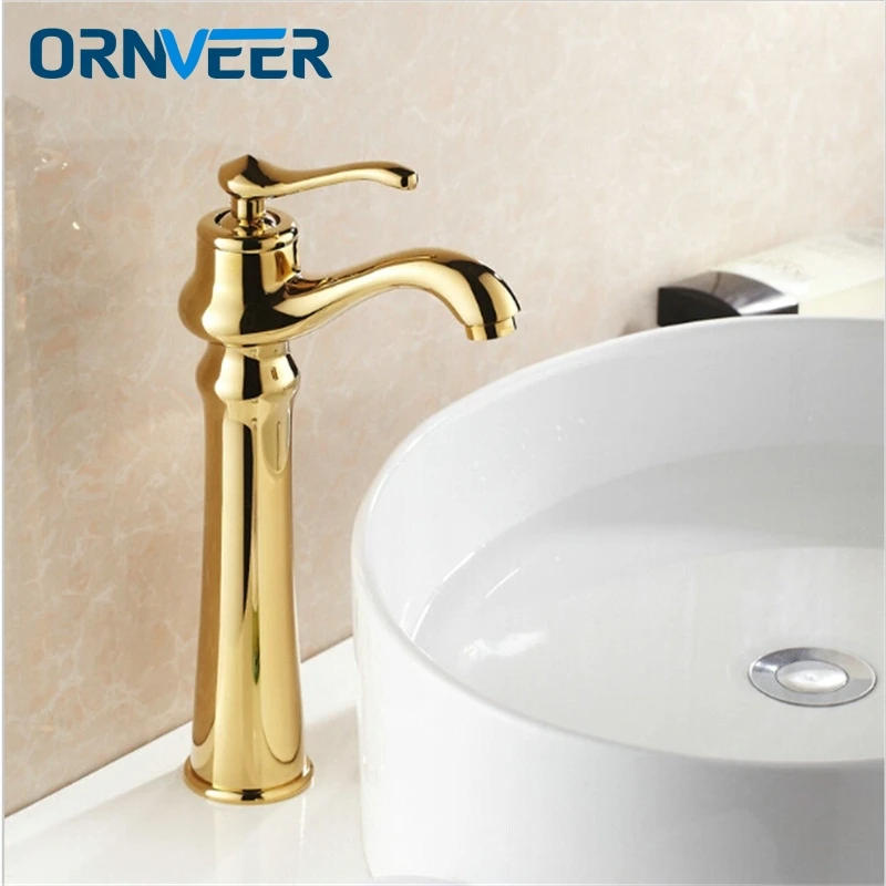 Luxury Gold Plated Bathroom Faucet Tall Moden Single Hole Single Handle