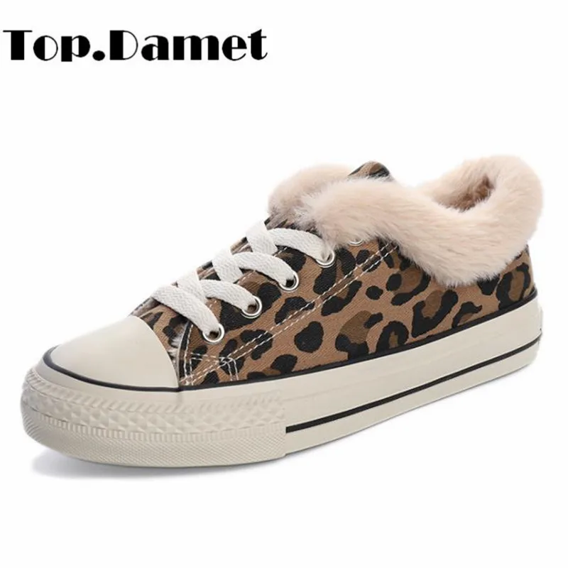 

Top.Damet Sneakers Women Leopard Lace Up Flat Shoes Casual Winter Warm Short Plush Canvas Shoes Ladies High Top Walking Sneakers