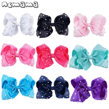 

9 Pieces/lot 7" Large Plain Hair Bows With Clips For Kids Handmade Pearl Ribbon Hairgrips Solid Bows Hair Accessories