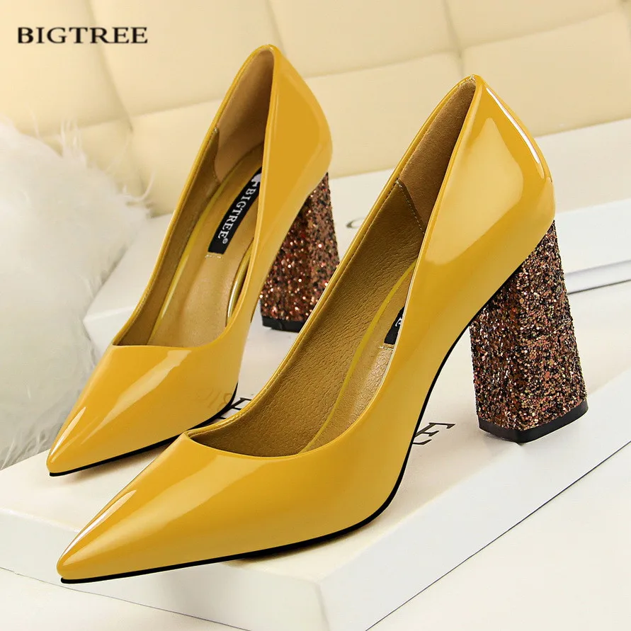 

New Fashion High Pumps Pointed Thick Heel Bling Thick Heeled Shoes Glitter Patent Leather Sexy Single Women's Shoes G828-16