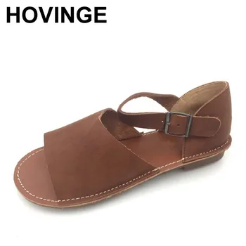 

HOVINGE Women's Sandals Summer Shoes 100% Authentic Leather Ankle Strap Sandals Ladies Flat Shoes Female Footwear