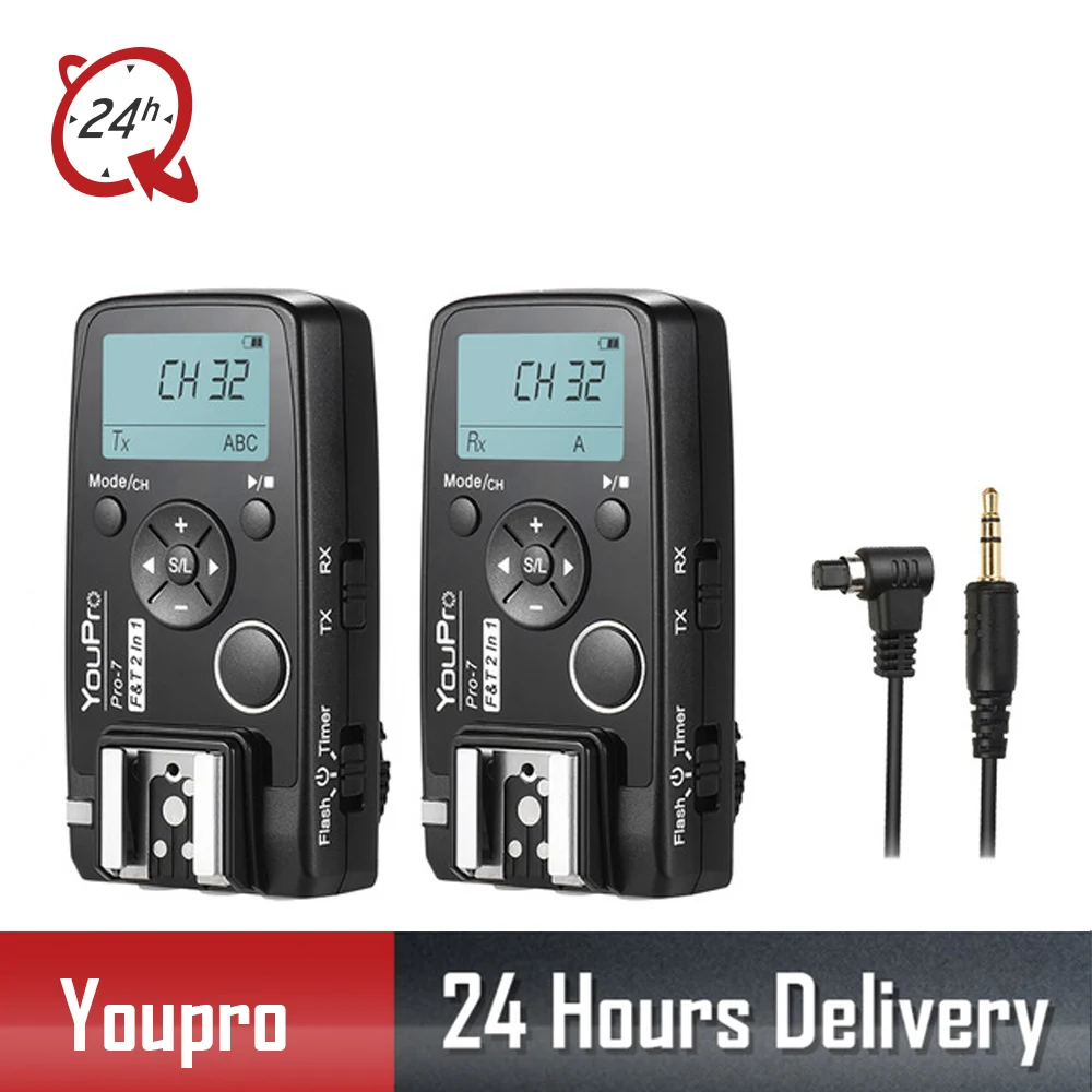 

YouPro Pro-7 Wireless Shutter Timer Remote + Flash Trigger w/ N3 2.5mm PC Sync/Shutter Cable for Canon 7D 7DII 6D 5DIII Cameras