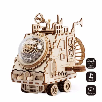 

Laser Cutting Wooden Music box Steampunk Fan Rotatable 3D Robot Musical boxes for kids DIY Crafts ornaments Intellectual toys