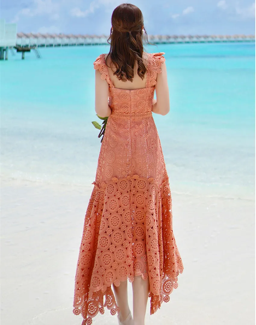 HAMALIEL Women Orange Irregula Lace Dress Runway Summer Halter Strapless Bodycon Long Dress Sexy Hollow Out Crochet Beach Dress