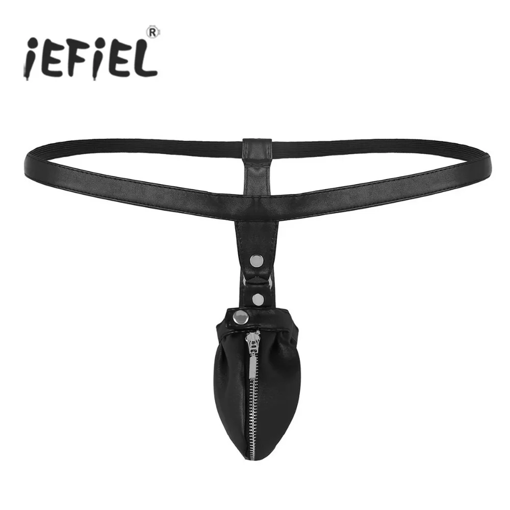 

Mens Lingerie Synthetic Leather Pouch with Zipper Low Waist Open Back G-string Briefs Underwear Thong String Homme Jockstraps