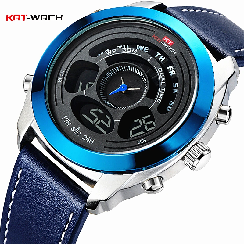 

KAT-WACH Men Analog LED Digital Watch Leather Waterproof Wristwatch Clock Creative Small Pointer Dial Men Sport Watches Relogio
