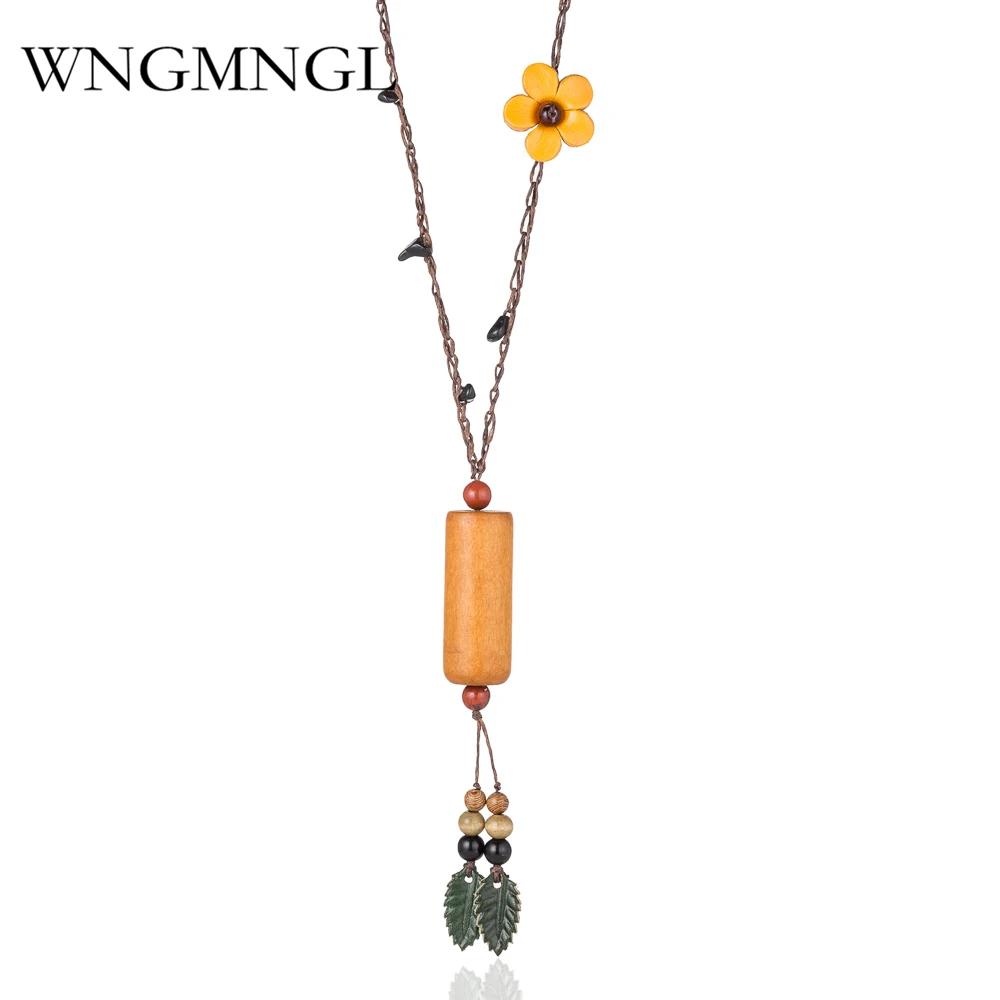 

WNGMNGL 2018 New Handmade Wooden Beads Cylinder Pendant Necklace Boho Ethnic Long Leather Flower Leaves Necklaces Jewelry