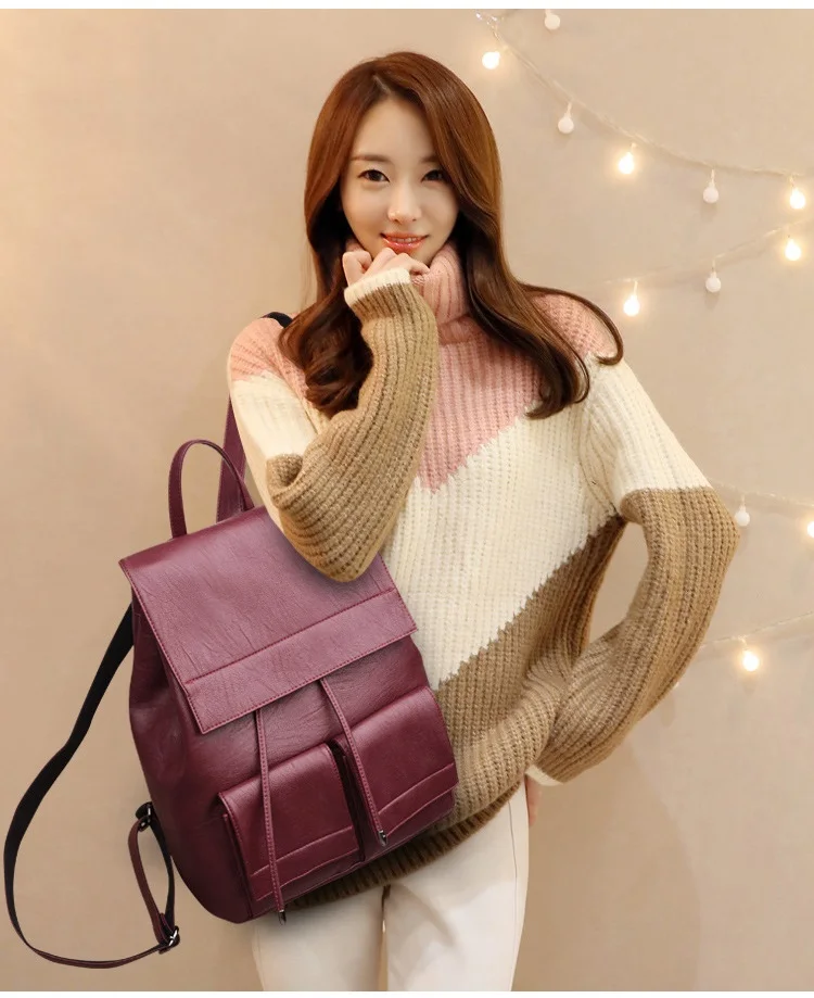MJ Women Leather Backpack Solid PU Leather Travel Bag Branded Design Female Large School Bag for Girls High Capacity Drawstring (5)