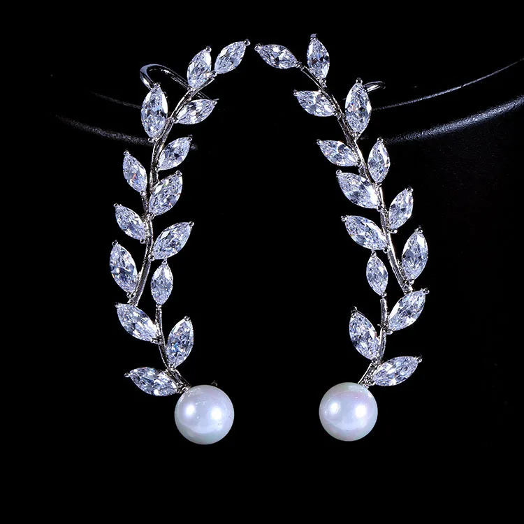 

Exquisite Branch Leaves Ear Cuff Earrings Silver Color Pearl And Brilliant Cut Cubic Zirconia Stud Piercing Jewelry For Women