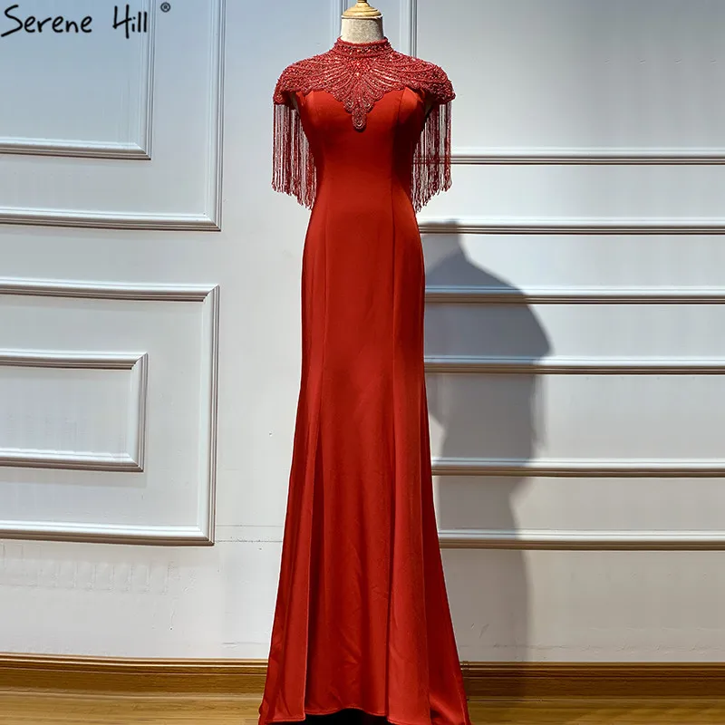 Дубай дизайн красный Бисер кисточкой вечерние платья без рукавов Роскошные высокие вечерние платья с круглым вырезом 2019 Serene Hill LA6656