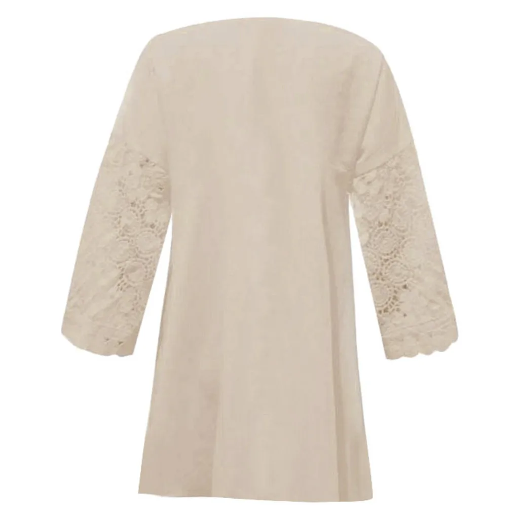 Женская блузка, женская блузка с рукавом три четверти, хлопок, лен, открытая Кружевная блуза в стиле пэчворк, топы, повседневные топы с коротким рукавом#5