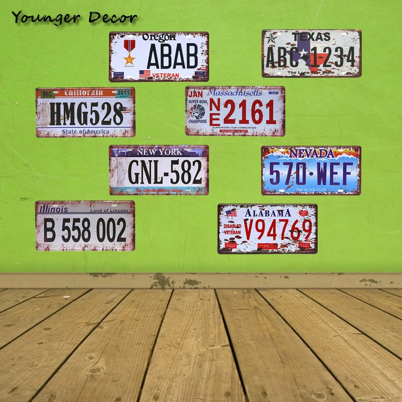 

California Massachusetts Car Number License Plate Taxas Oregon Alabama Metal Doorplate Wall Decor Home Cafe Bar Decoration YA005