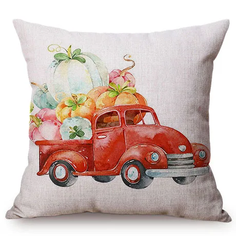 Red Vintage Car Pumpkin Autumn Harvest Thanksgiving Decorative Cushion Cover Watercolor Art Cotton Linen Sofa Throw Pillow Cover K121-6