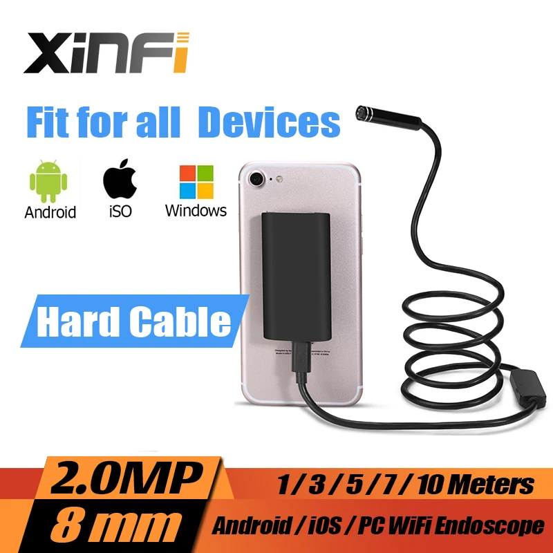 

XINFICAM 8mm 720P for Android iOS Hard Cable Wifi HD Endoscope 1/3/5/7/10m Hard Wire pipe camera Snake Camera car inspection