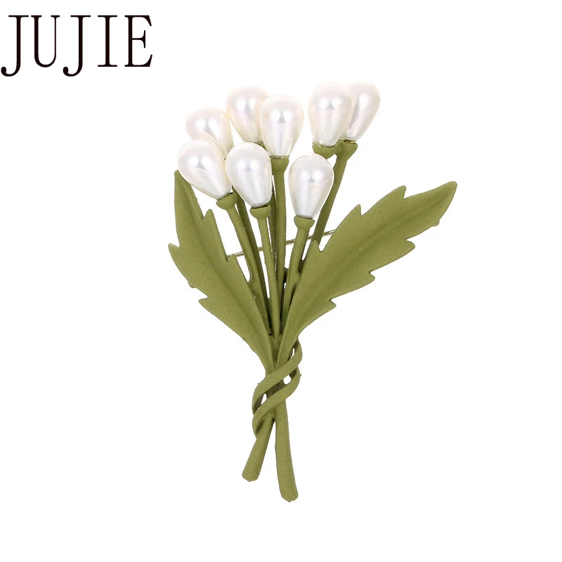 

JUJIE Fashion Green Enamel Pearl Flower Brooches For Women 2019 Vintage Bouquet Brooch Pins For Men Plant Jewelry Dropshipping