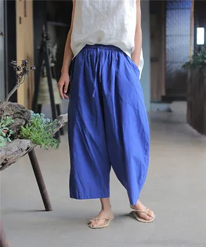 

2019 Summer Women Casual Solid Pockets Ankle-Length Loose Trousers Vintage Elastic Waist Wide Leg Pants