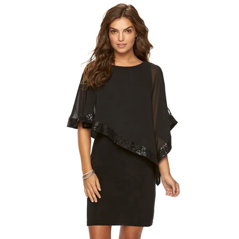 

Sexy Sequined Overlay Capelet Dress 2019 O-Neck Short Sleeve Dress Women Bodycon Party Dresses Vestidos Robe Femme