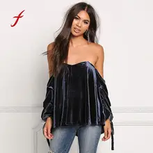 Feitong/женские пикантные Рубашки для мальчиков модные однотонные без бретелек фланель повязку с плеча топы с длинными рукавами Blusa осень, для женщин Футболка