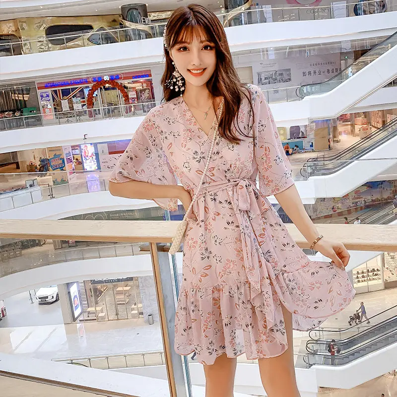 

Women Dresses Summer V Neck Vintage Butterfly Sleeve Boho Floral Print Chiffon Party Beach Dress Sundress Female Vestidos 2019