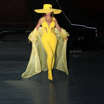 

Sexy Deep V Neck Sleeveless Yellow Backless Rompers Womens Jumpsuit Overalls Female Spaghetti Strap One Piece