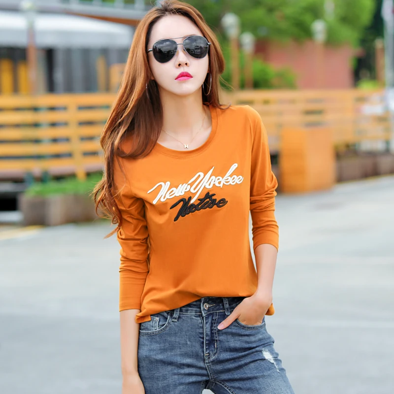 

Tshirt Women Cotton T Shirt Female 2018 Spring Autumn Long Sleeve Embroidery T-shirt Fashion Top Letter Camisetas Femme Slim G28