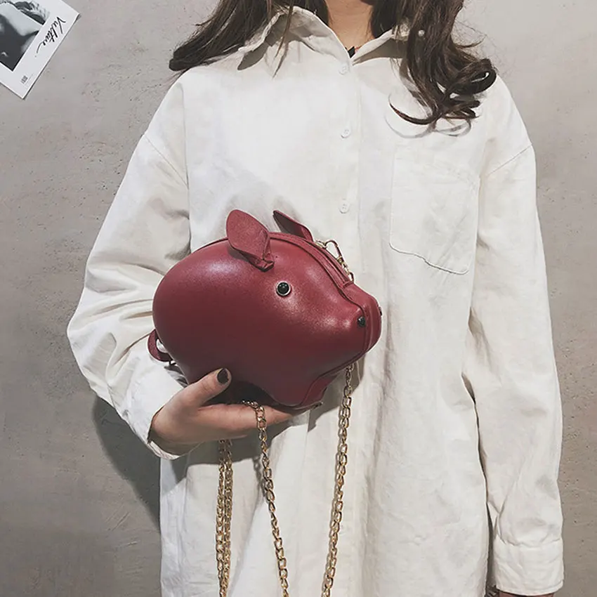 Women Pig Chain Shoulder Messenger Bag Funny Cute Crossbody Bag Female Leather Party Evening Bag Pure Color